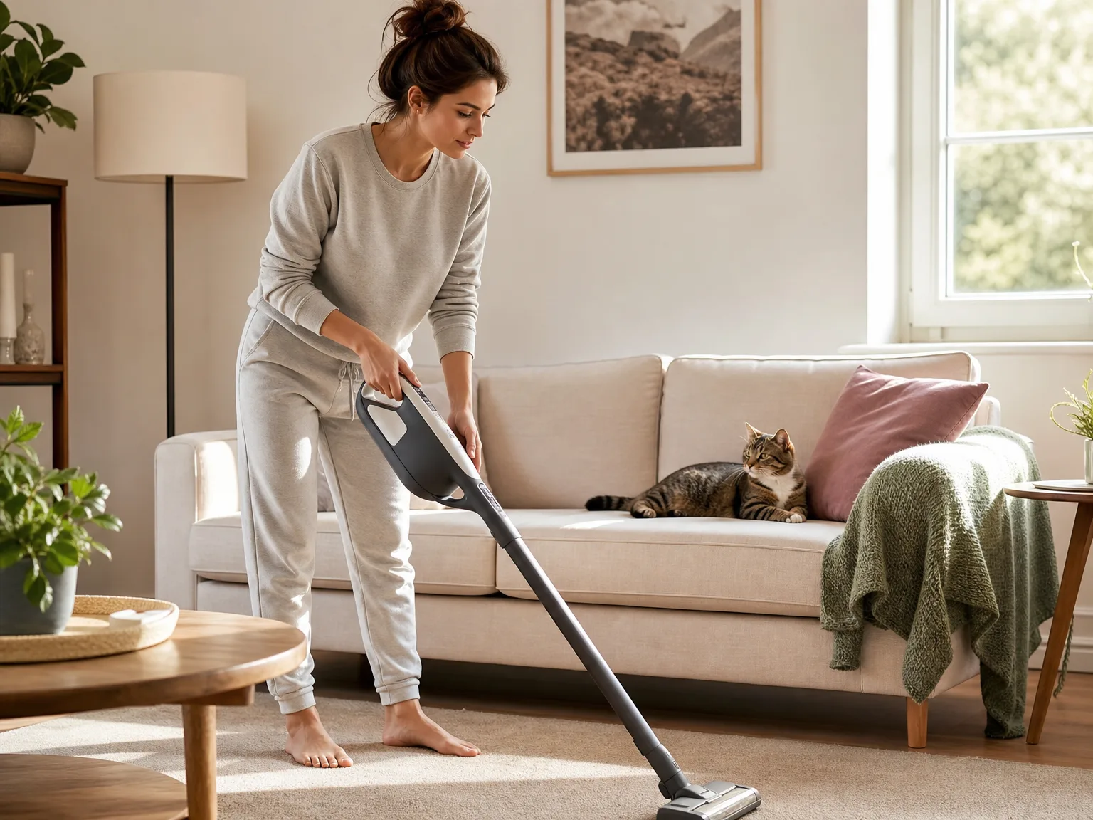 A woman vacuuming a low-pile rug in a bright living room with a cat watching from the sofa, warm morning light through the window