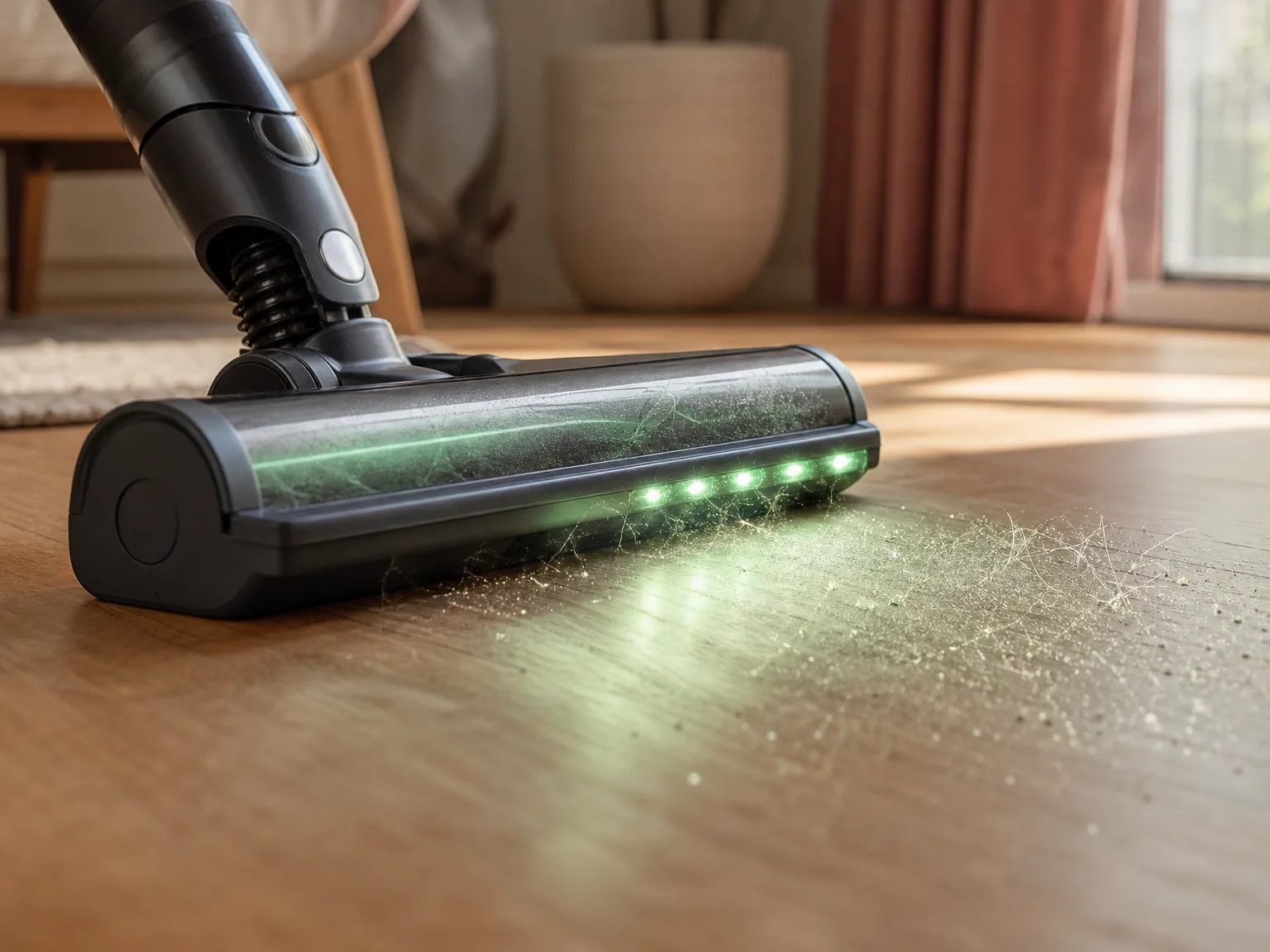 Close-up of a vacuum brush head with green LED light revealing fine dust particles on a hardwood floor in a dim room