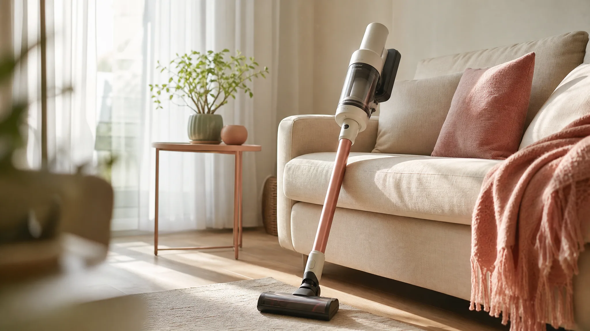 A cordless stick vacuum leaning against a cream sofa in a sunlit small apartment living room, morning light streaming through a window