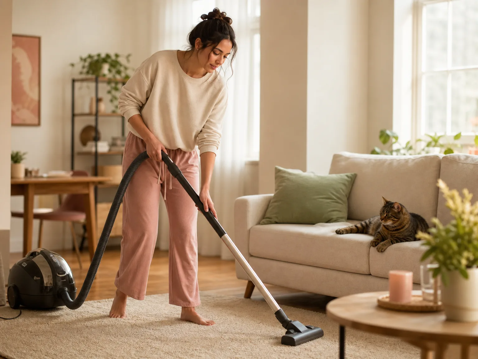 A woman in casual loungewear vacuuming a low-pile rug in a bright apartment living room, a cat watching from the cream sofa in the background