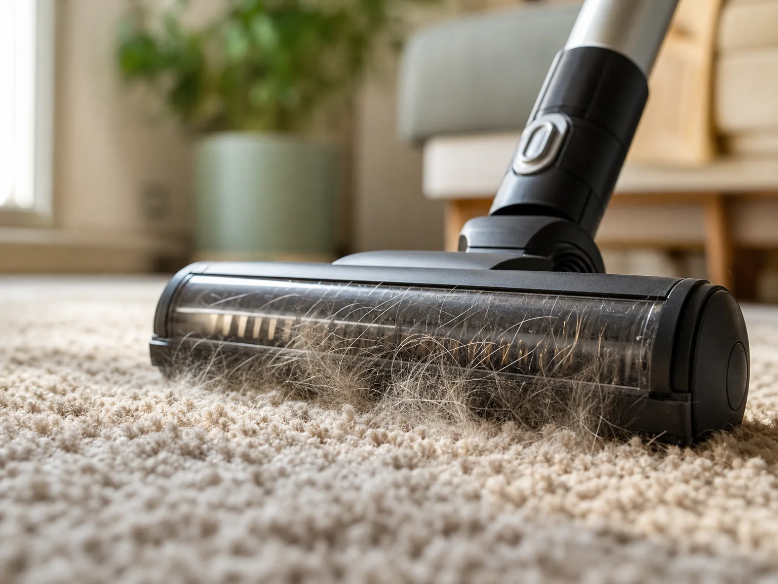 Close-up of a vacuum brush head lifting visible pet hair from a beige rug, warm natural light, shallow depth of field