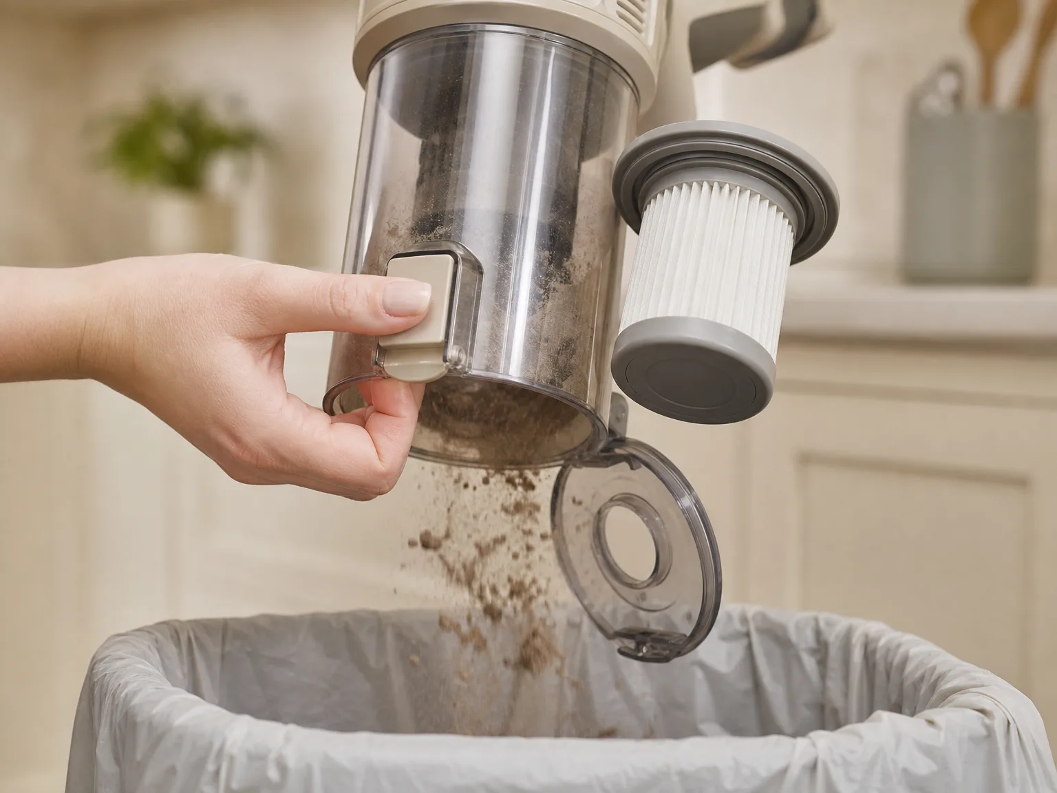 Close-up of a cordless vacuum dust cup being emptied over a household bin, showing the washable filter assembly, warm kitchen lighting