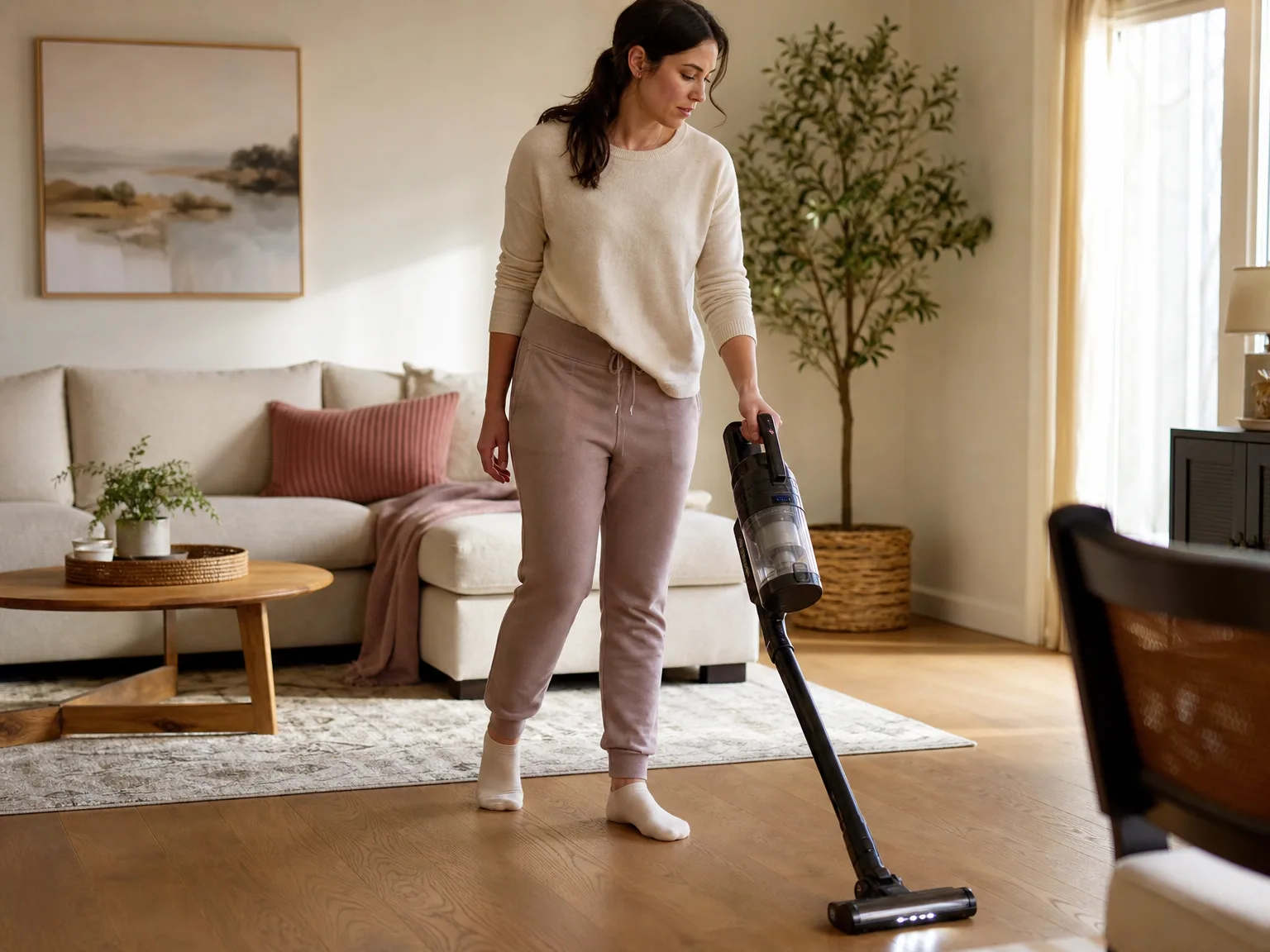A woman in her early thirties vacuuming a living room rug with a cordless stick vacuum, warm natural light, candid composition