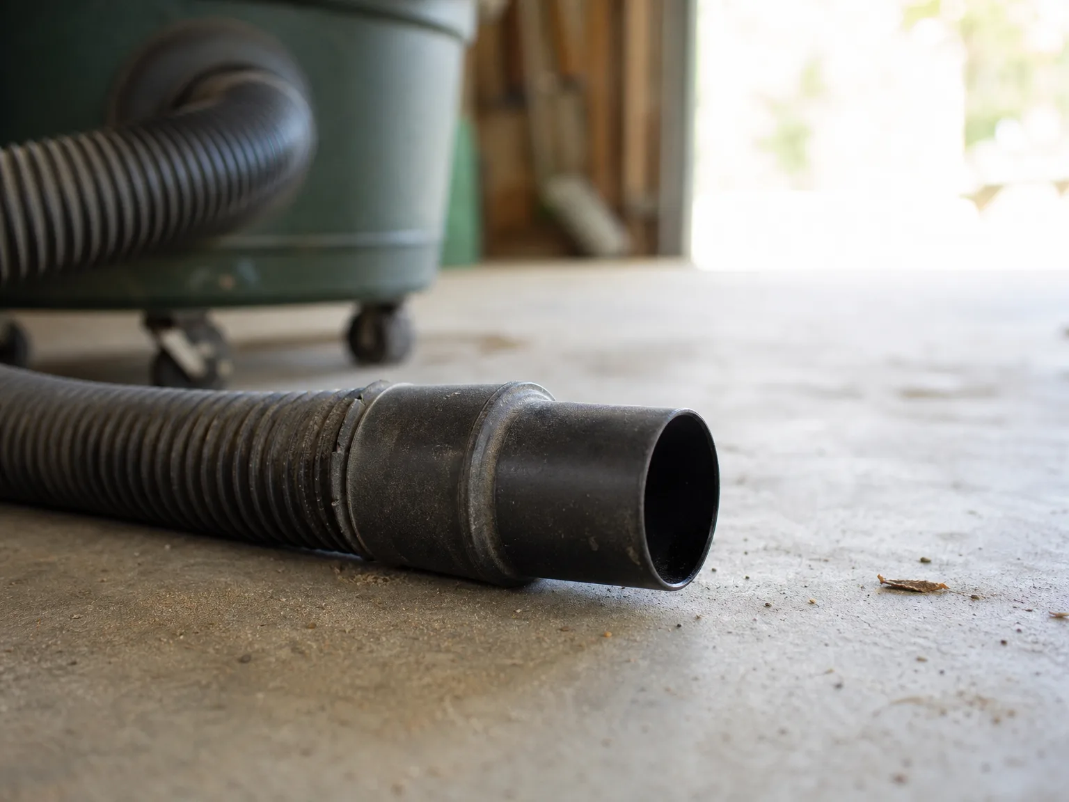 Close-up of the Stanley shop vac hose cuff and attachment storage showing the swivel casters