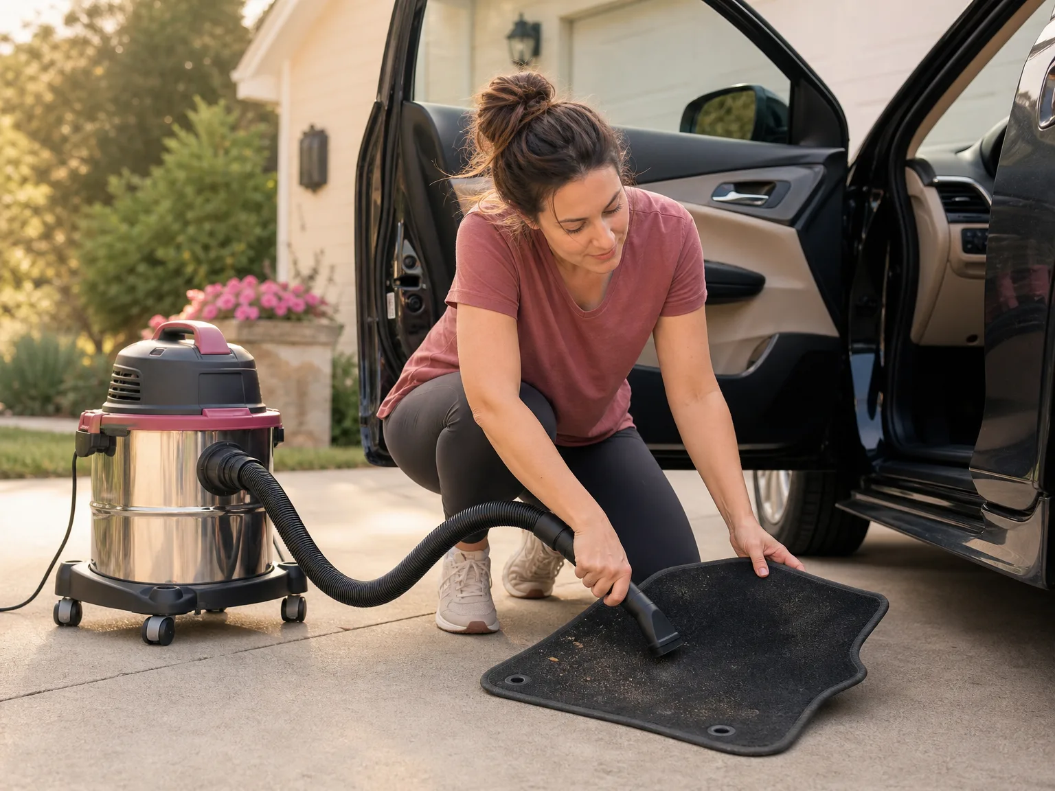 Woman using the Stanley shop vac to clean a car floor mat in a driveway on a sunny afternoon