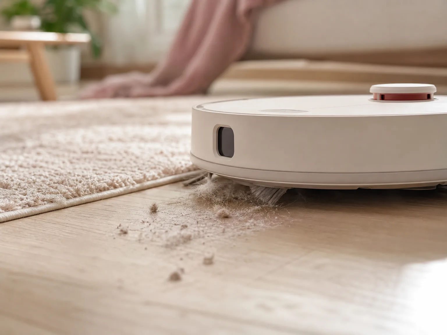 Close-up of a robot vacuum LiDAR turret and brush path on cream hardwood near a low rug edge