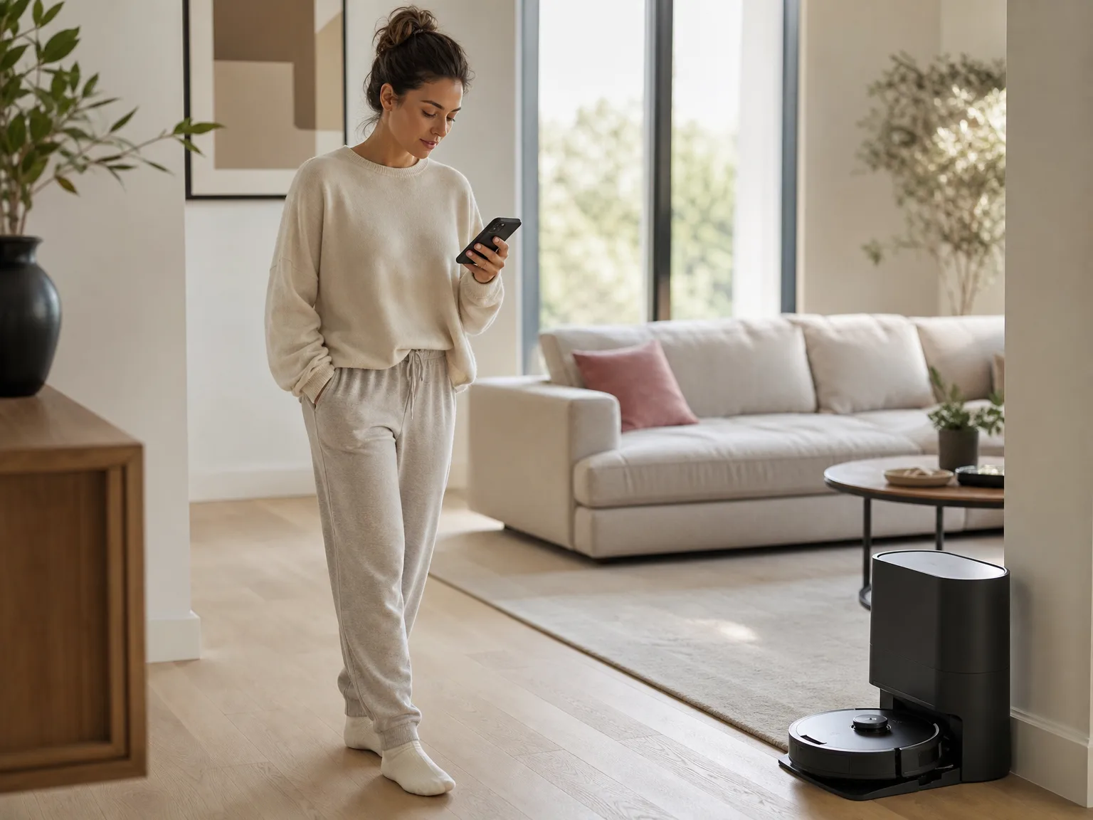 Woman checking a phone app while a robot vacuum docks at a self-empty station in a sunlit living room
