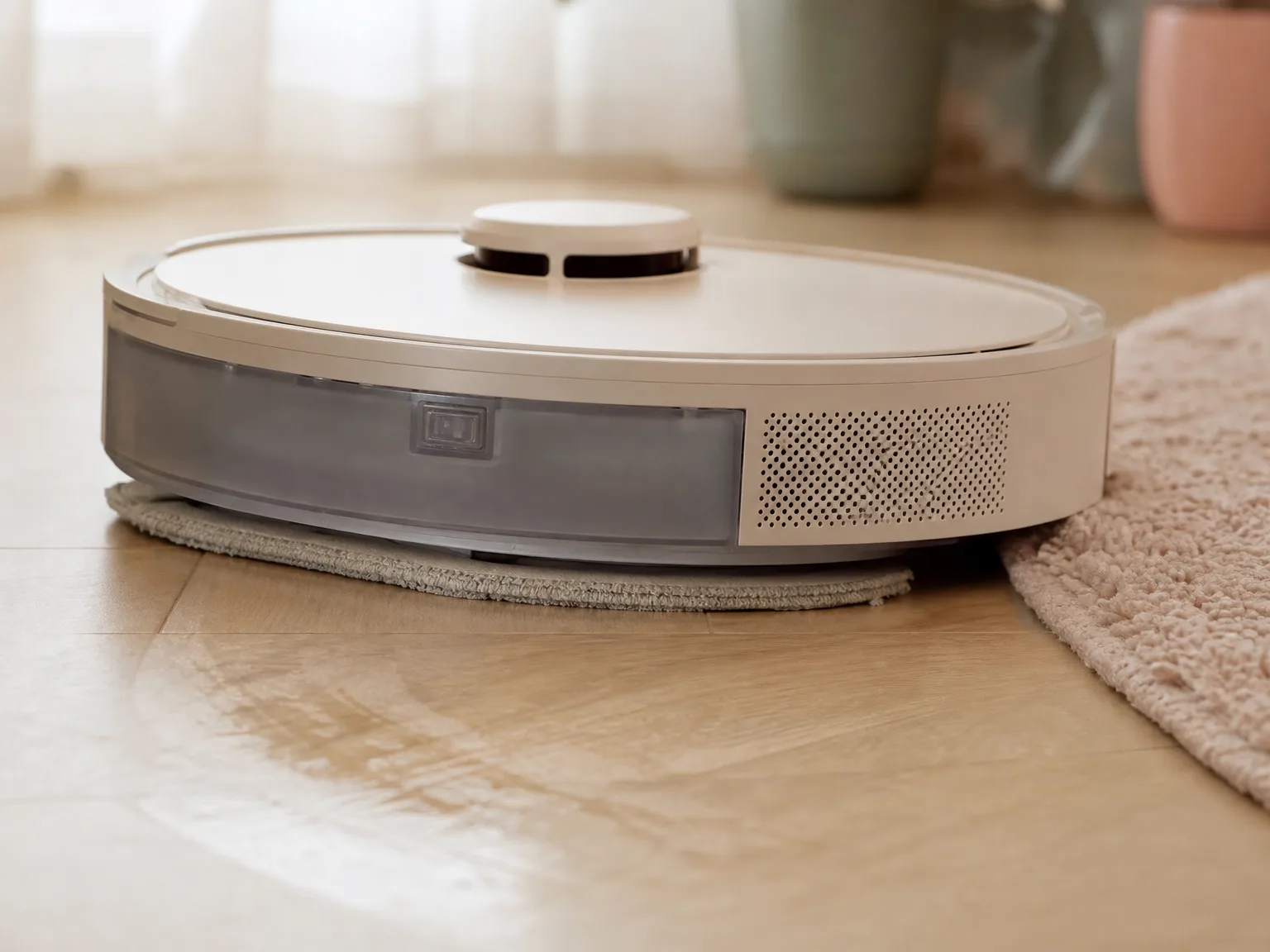 Close-up of a slim robot vacuum mop pad and hard floor after a damp wipe in warm window light