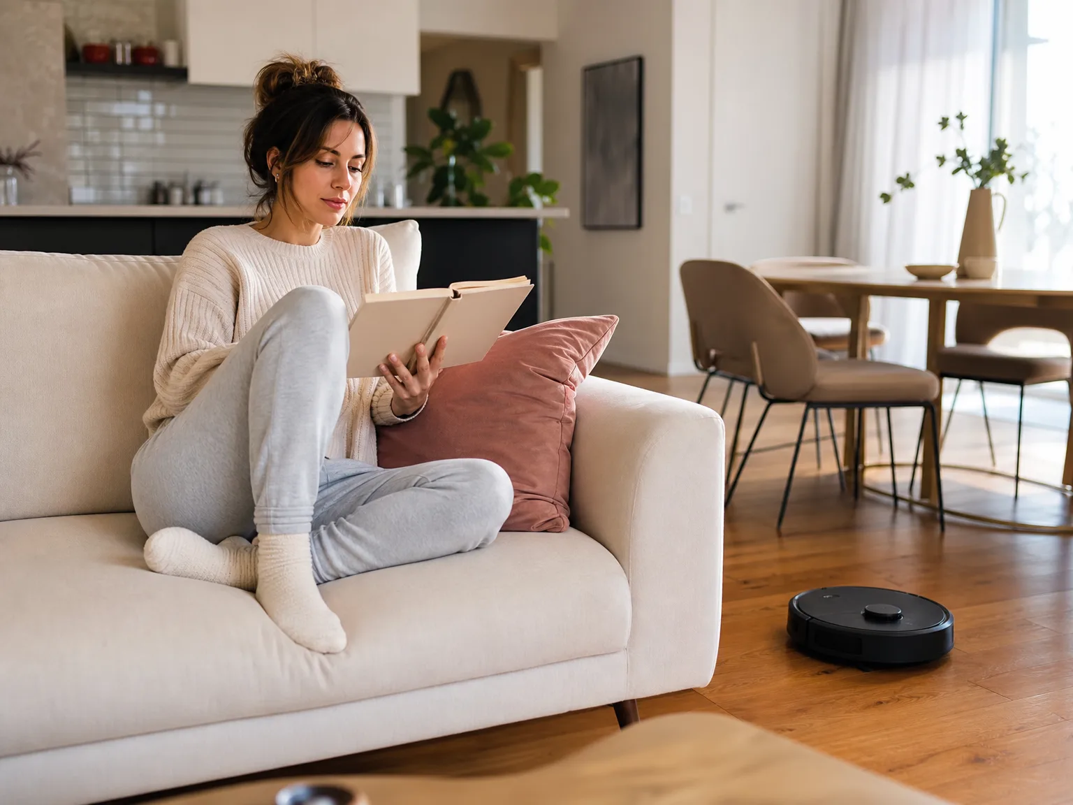 Woman reading on a cream sofa while a slim robot vacuum and mop cleans hardwood in a bright apartment