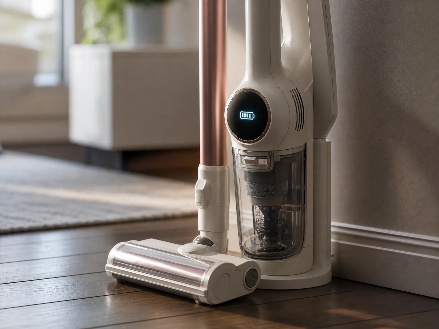 Timitrek cordless vacuum standing upright on a hardwood floor mid-clean, LED display showing battery level