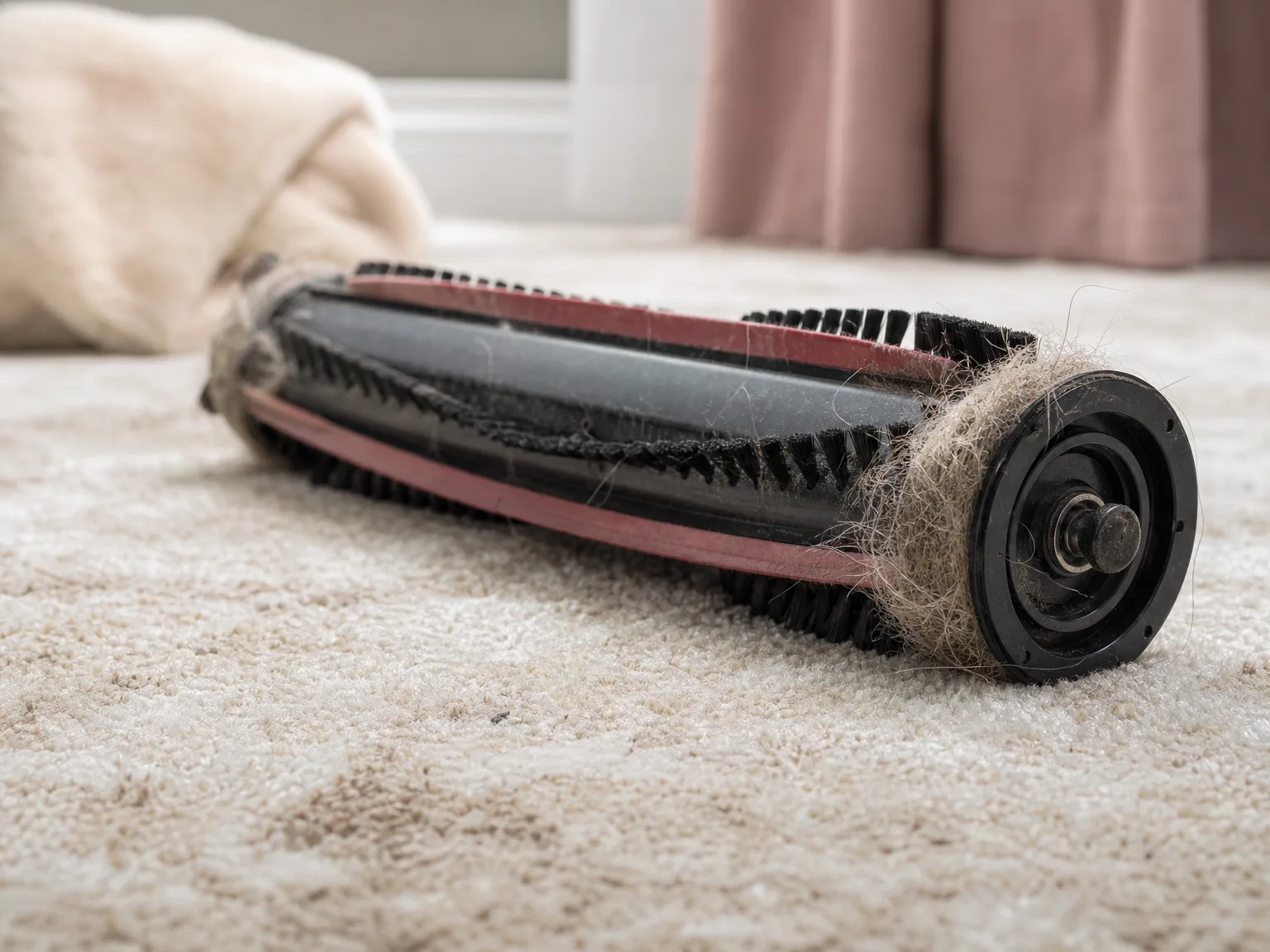 Close-up of the Timitrek brush roll with wrapped pet hair strands visible at both ends