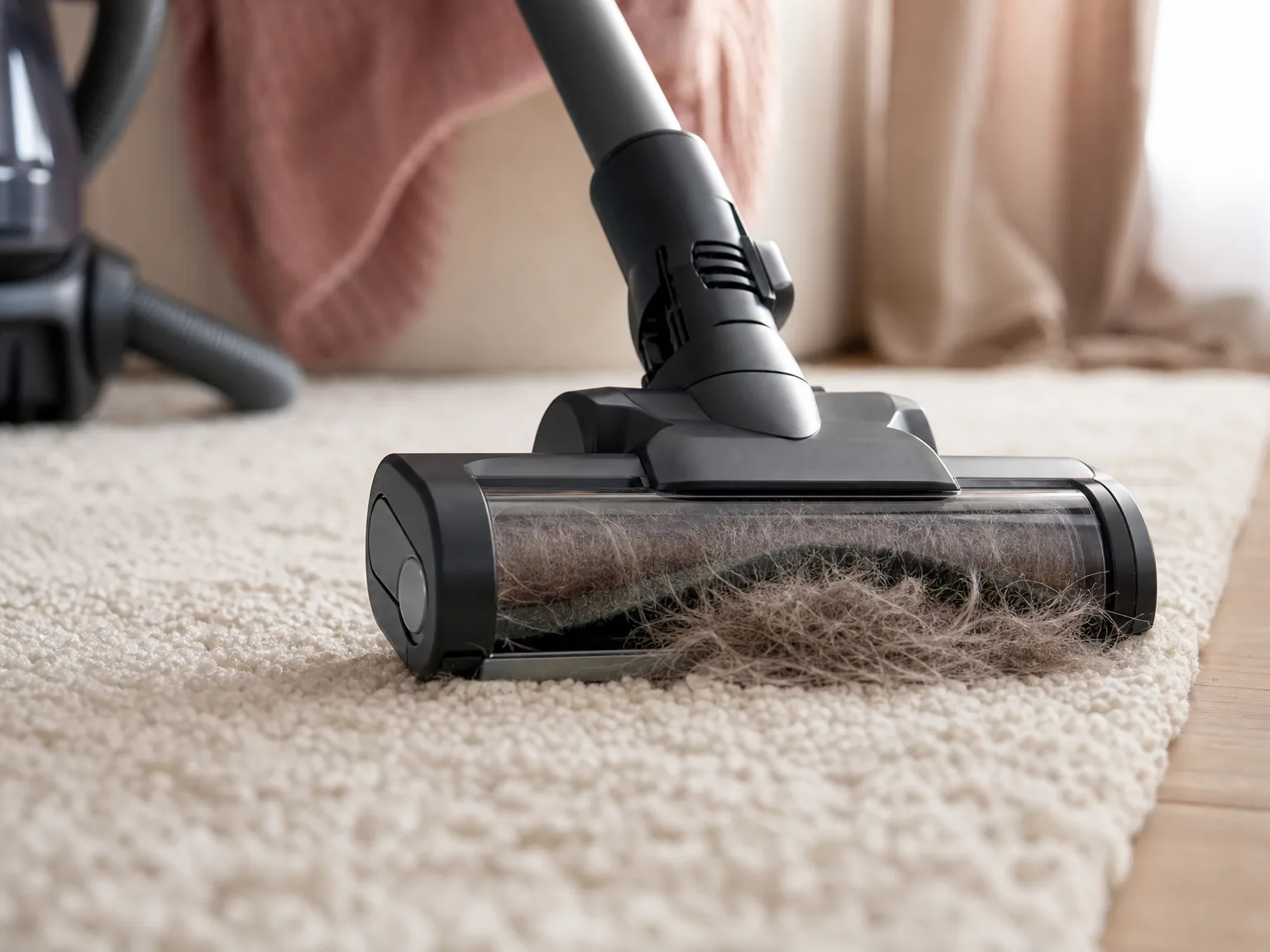 Close-up of a wet-dry brush head lifting visible pet hair from a cream area rug in warm window light