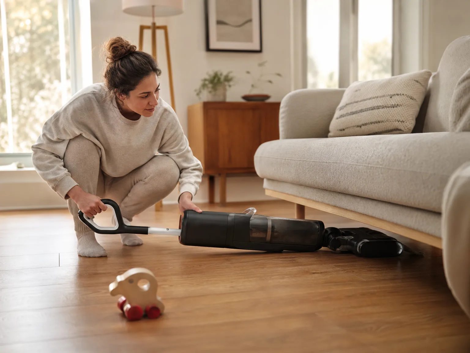 Woman using a cordless wet-dry floor cleaner laid nearly flat to reach under a low sofa in a bright living room