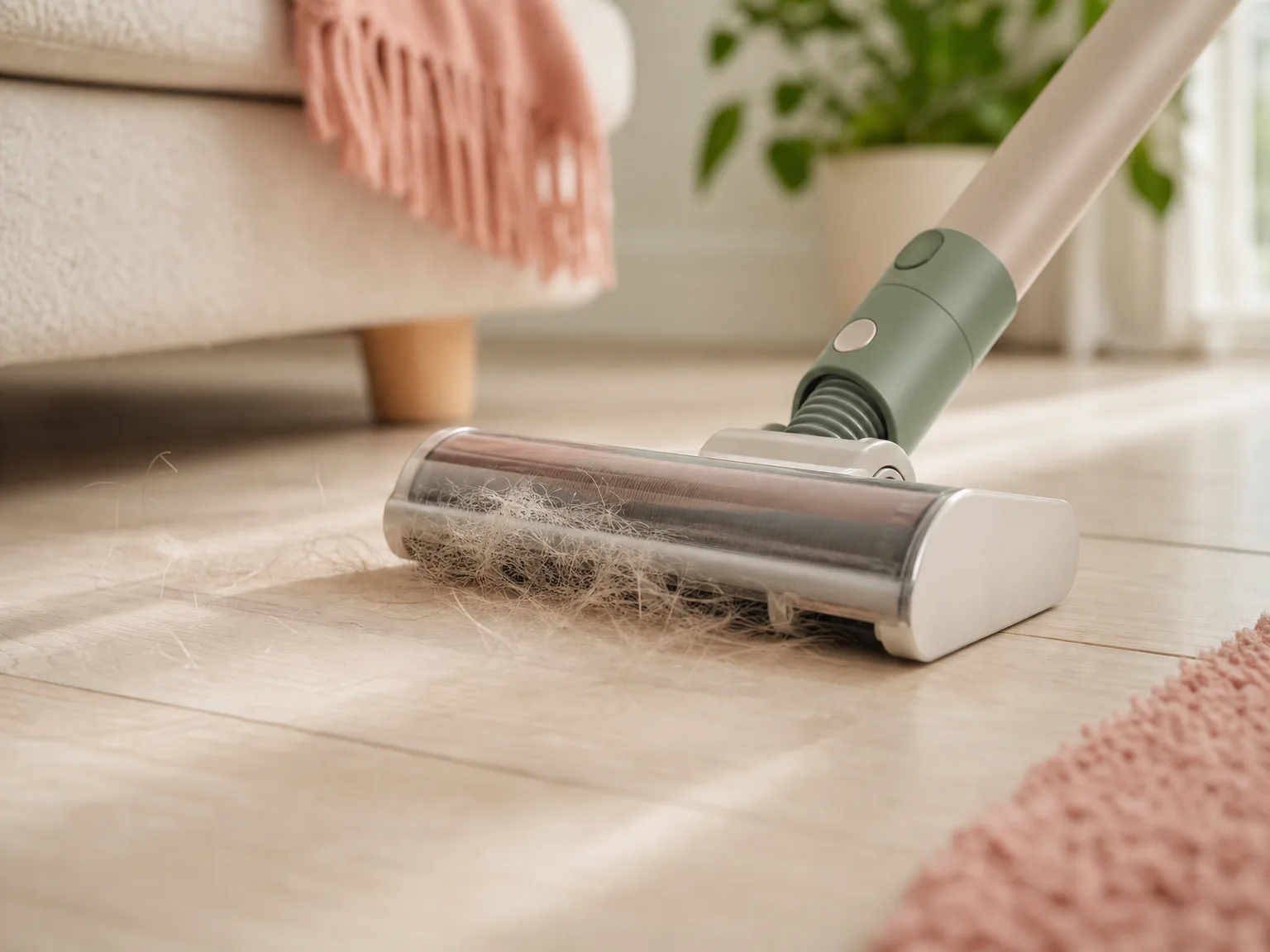 Close-up of a cordless stick vacuum anti-tangle brush head lifting pet hair from hardwood