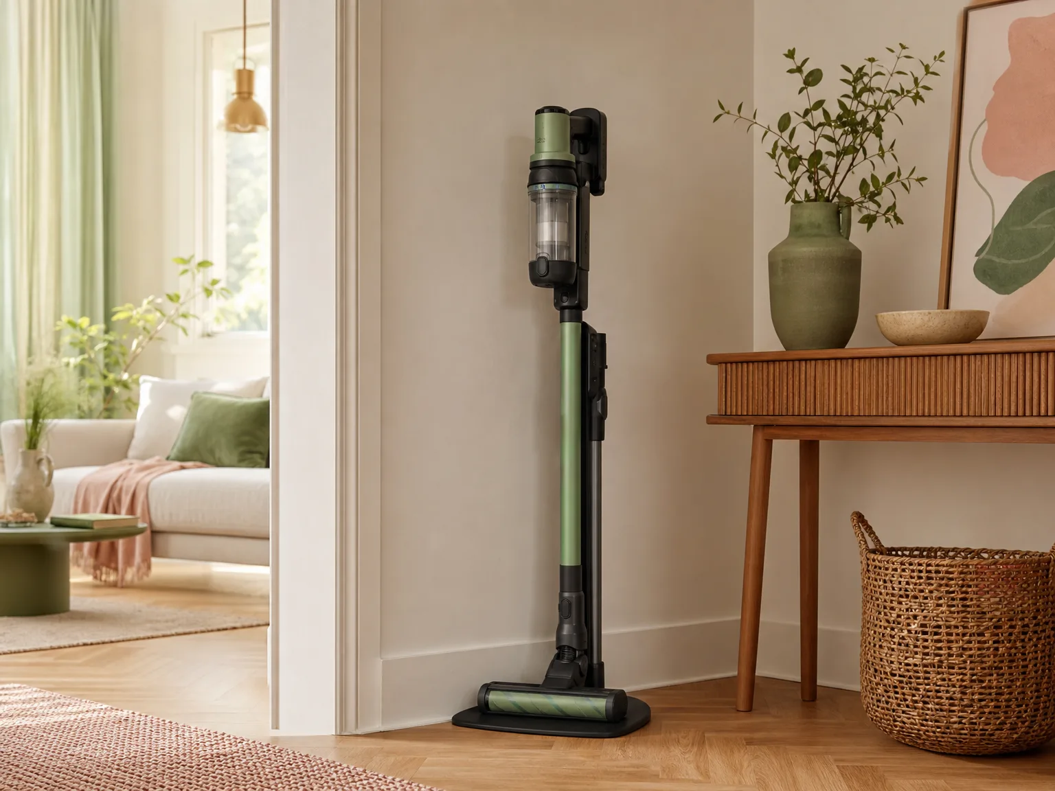 Cordless stick vacuum freestanding charging dock in a bright apartment hallway corner