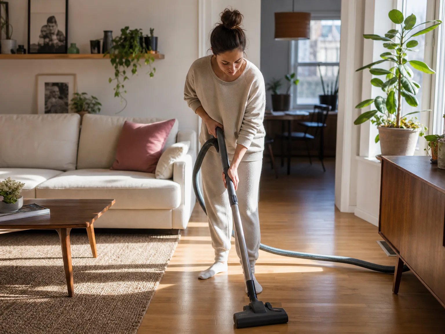 Woman vacuuming sunlit hardwood floors with a cordless stick vacuum in a modern apartment