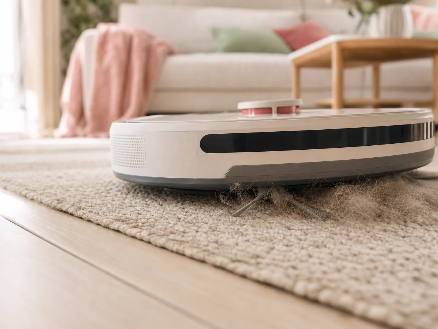 Close-up of a robot vacuum brush lifting pet hair from a low-pile beige rug on cream hardwood