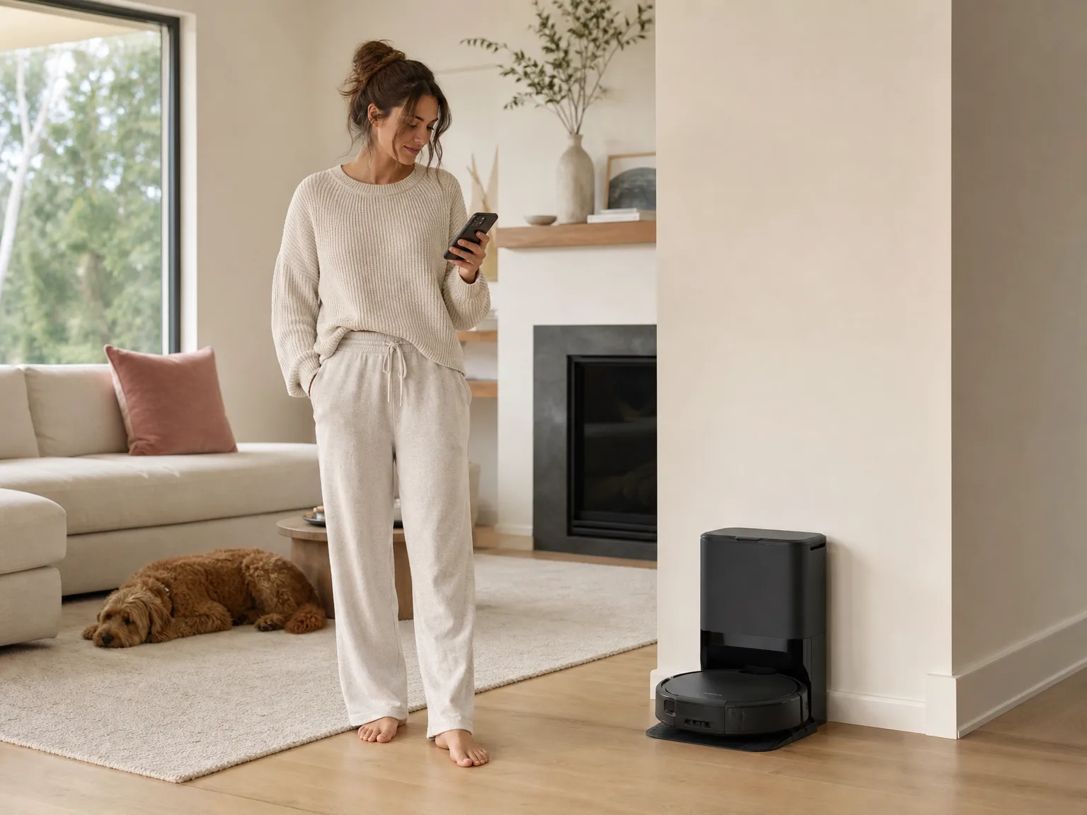 Woman in a sunlit living room checking her phone while a robot vacuum returns to its self-emptying station