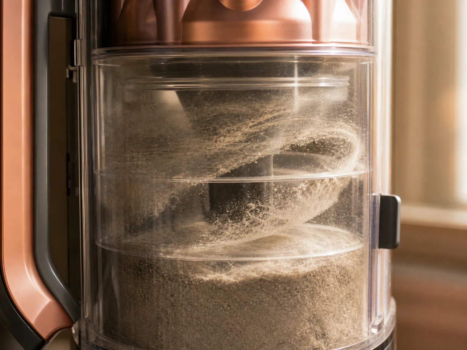 Close-up of a vacuum dust cup showing layered cyclone separation with fine dust collected at the bottom