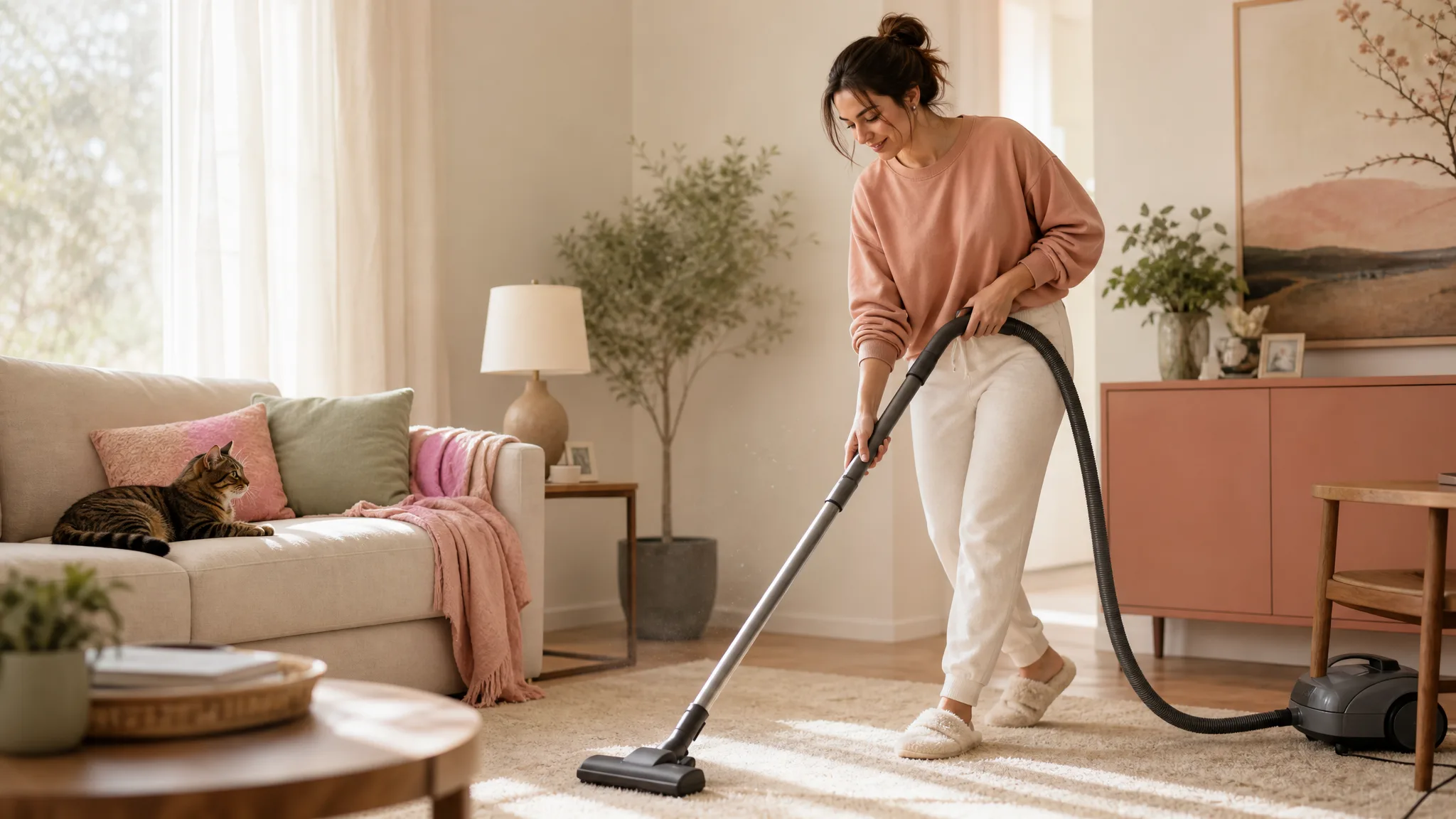 A woman using a cordless stick vacuum on a cream-colored rug in a sunlit modern living room with a cat nearby