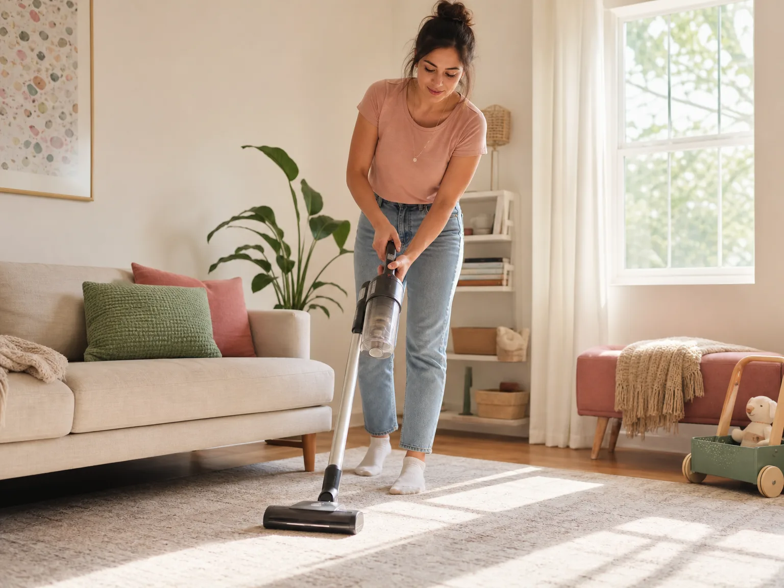 A woman in casual clothes vacuuming a low-pile area rug in a bright living room, morning light from a window casting soft shadows