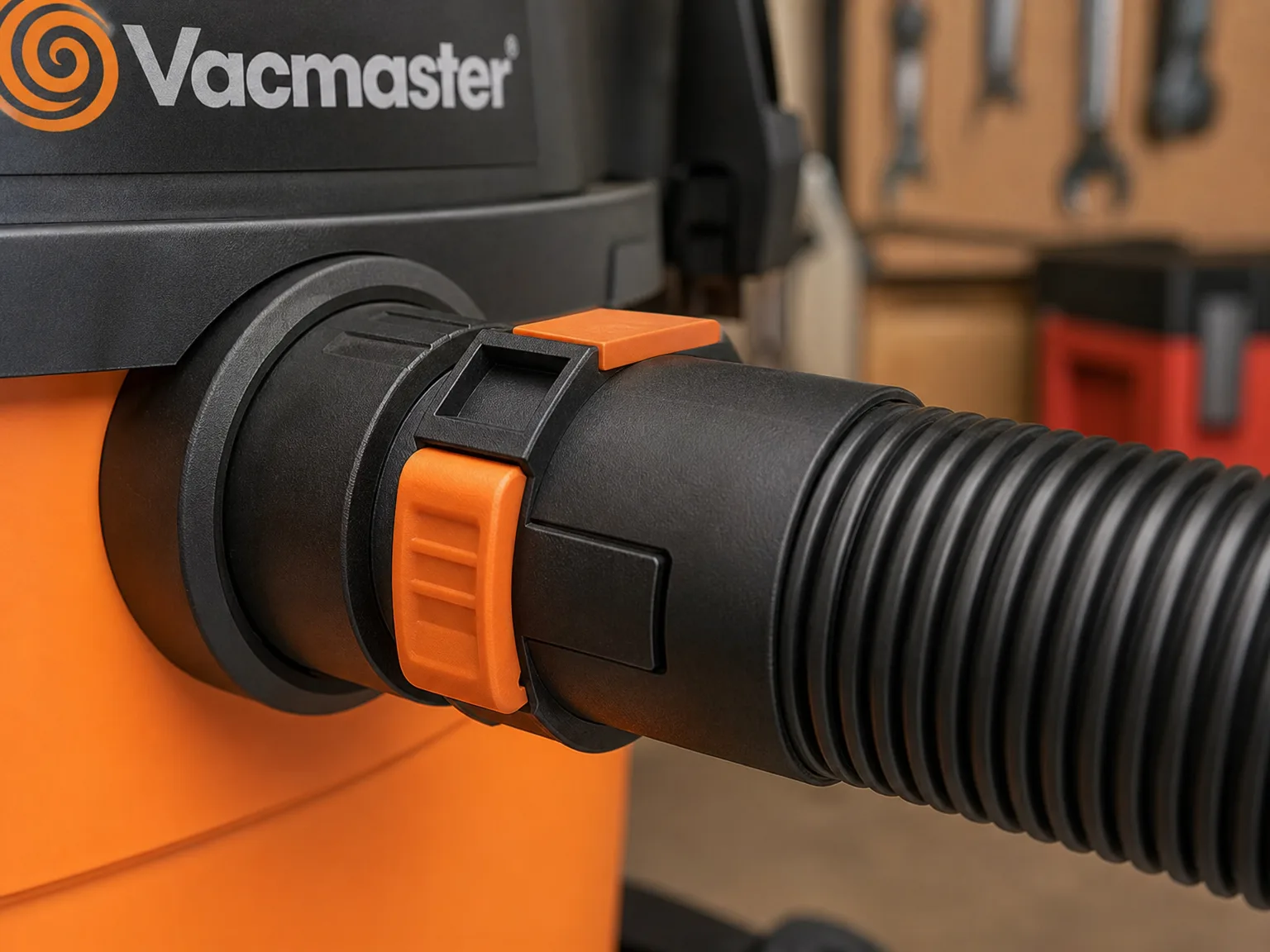 Close up of the Vacmaster hose locking into the canister port