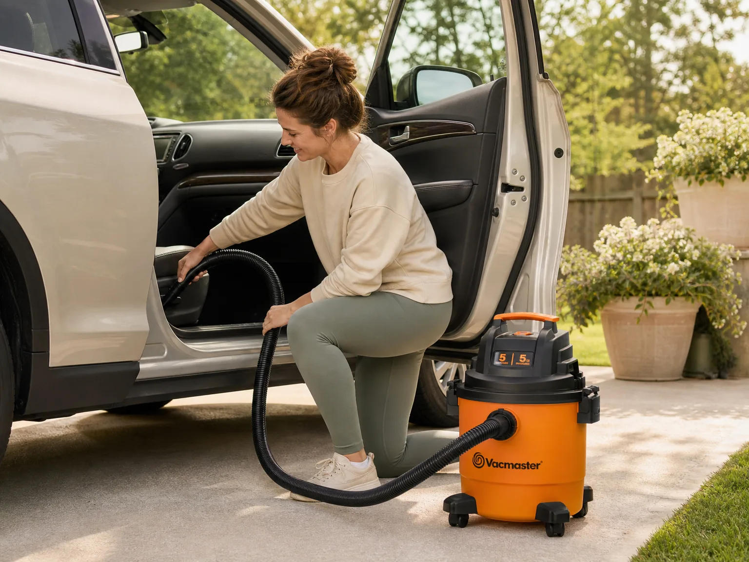 A woman using the Vacmaster wet dry vacuum to clean a car interior in a sunlit driveway