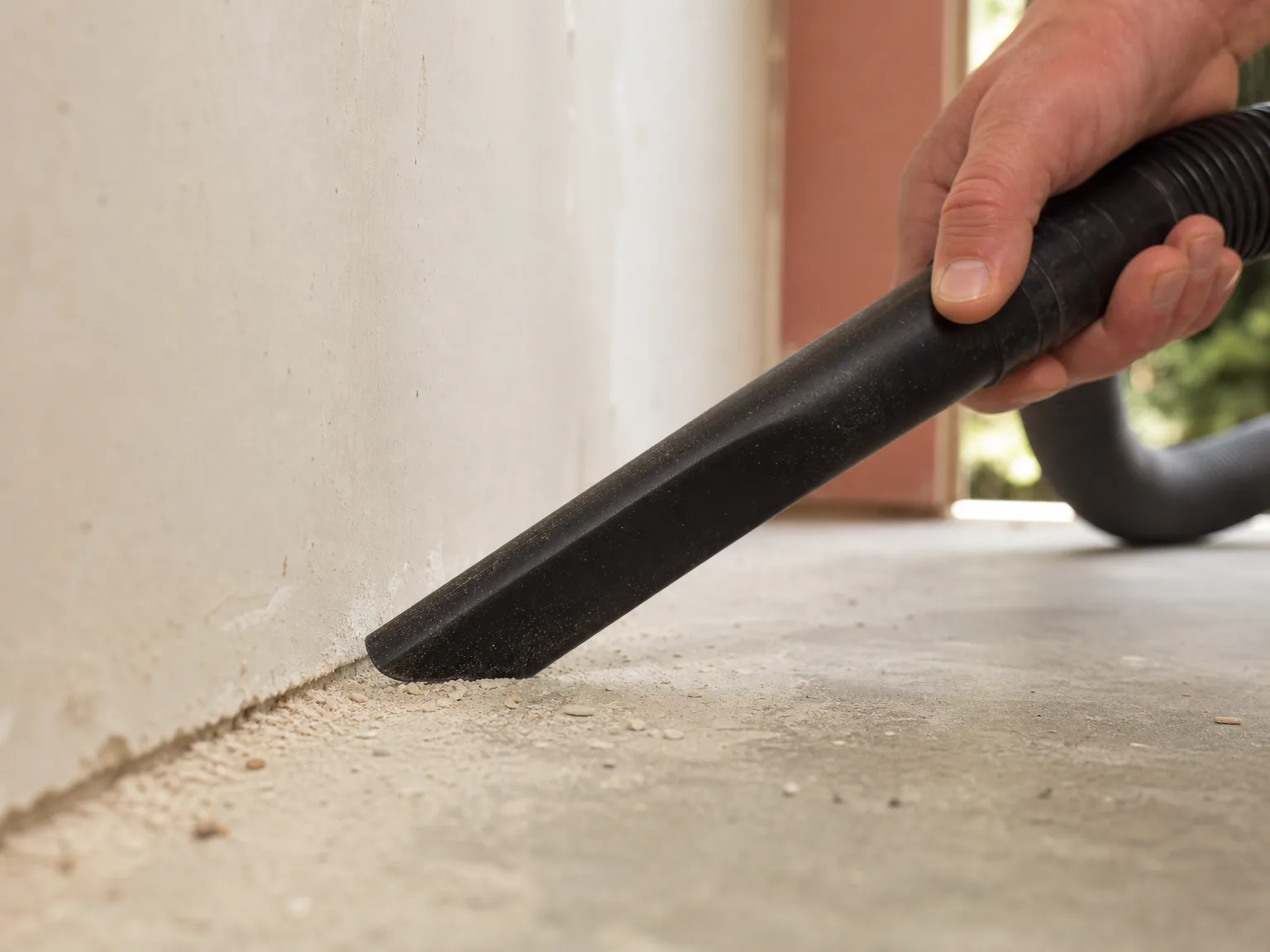 Close-up of a shop vac crevice tool clearing drywall dust and grit from a garage floor edge, warm window light