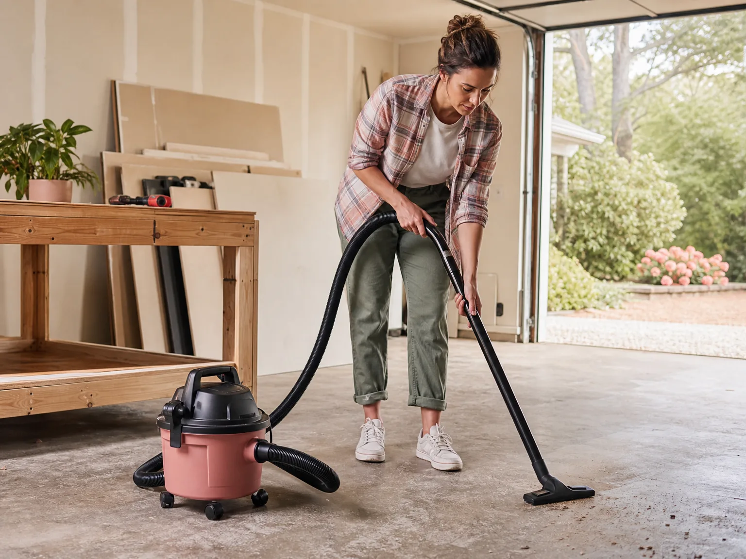 A woman in her early thirties using a compact wet dry shop vac on a garage floor near drywall sheets, warm daylight