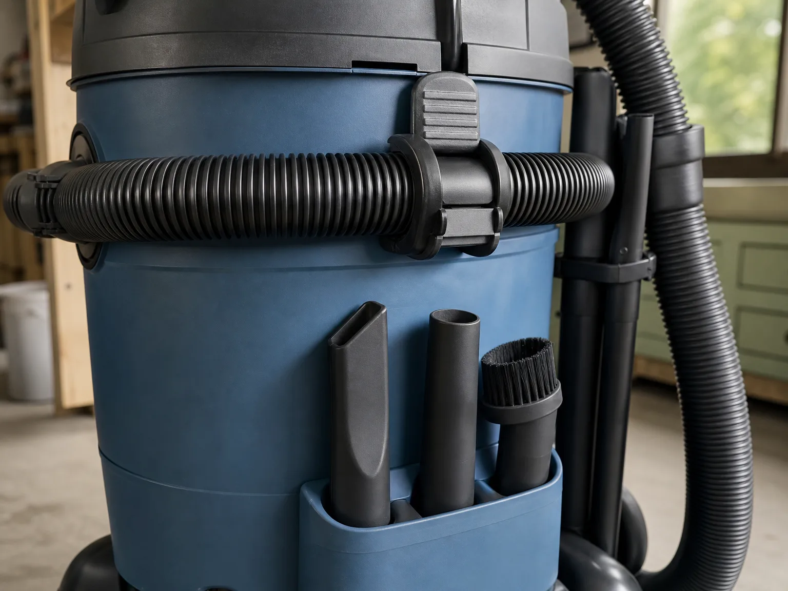 Close-up of the hose locking mechanism and accessory storage on the side of a blue shop vac tank, soft natural light, workshop setting