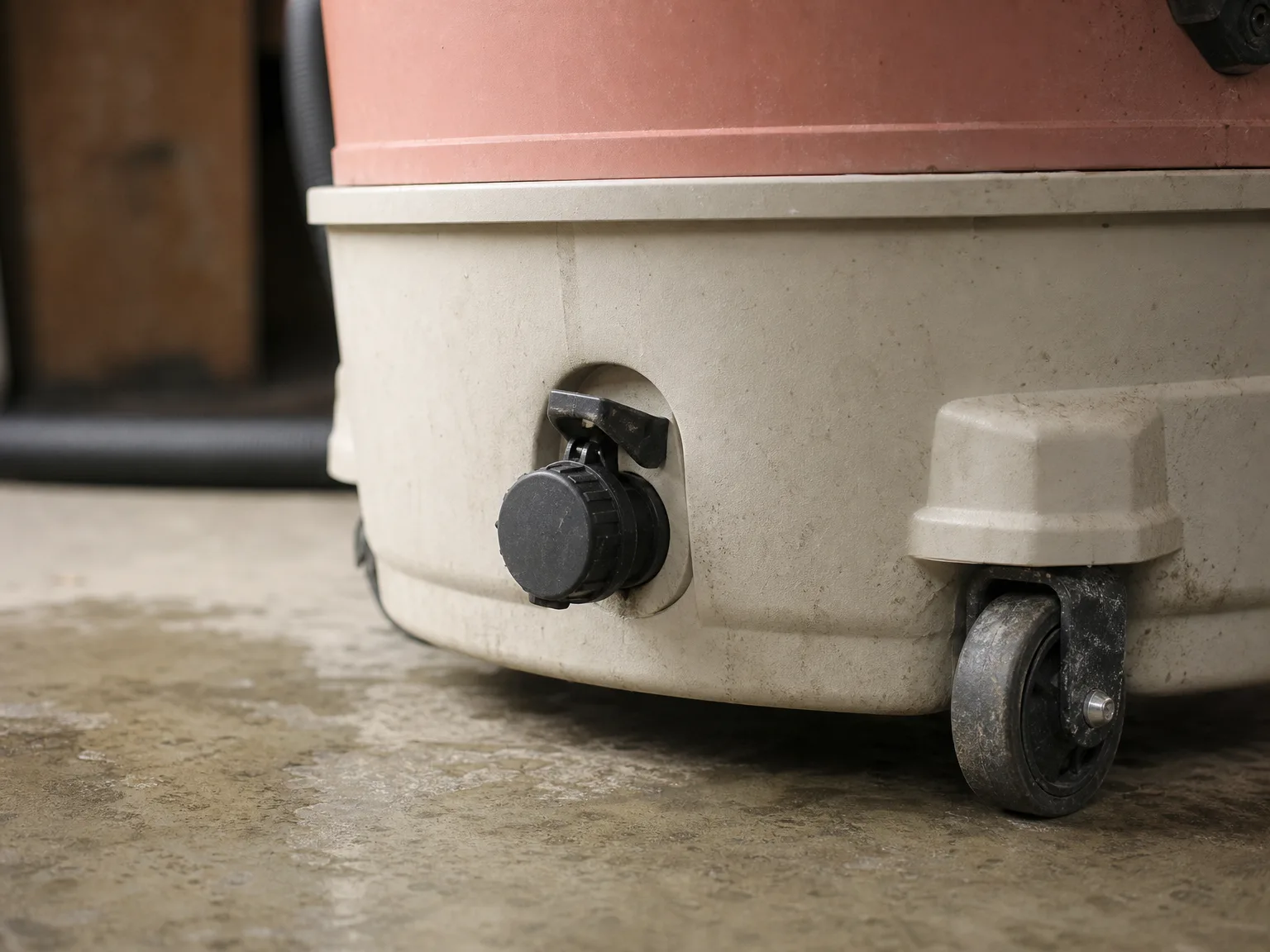 Close-up of the bottom drain plug and caster wheel on a wet/dry shop vac resting on a concrete garage floor