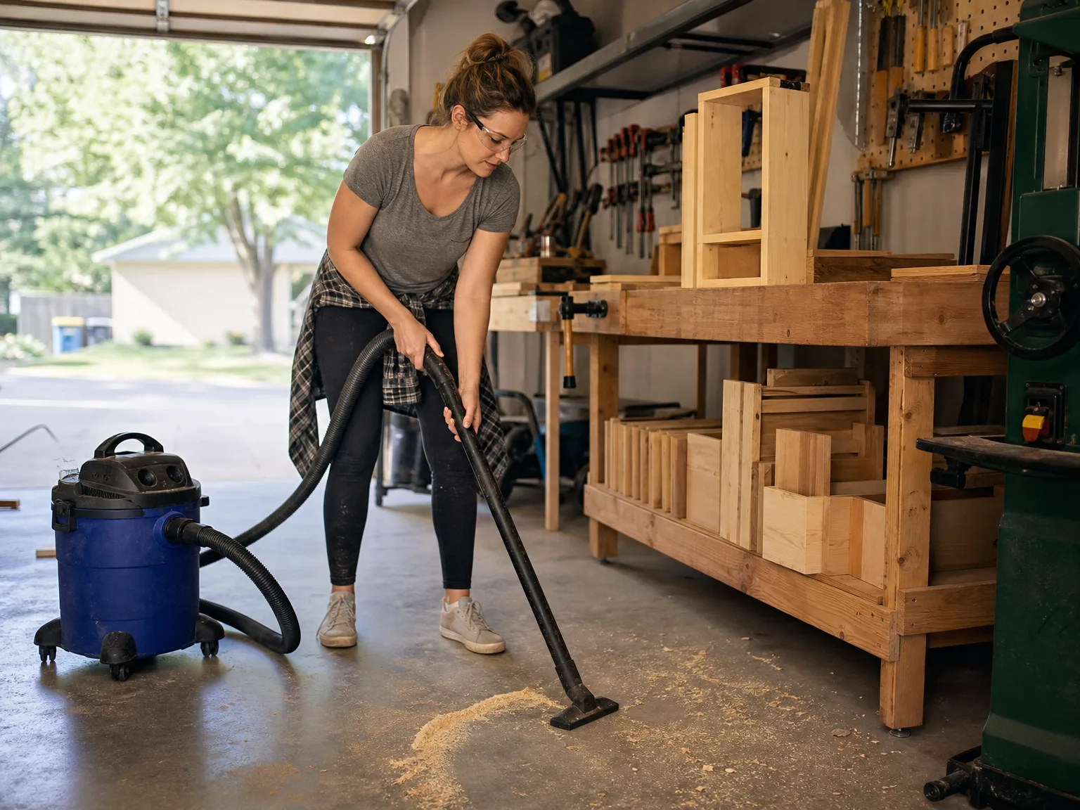 A woman in her early thirties vacuuming sawdust from a garage floor with a blue wet/dry shop vac, warm afternoon light, casual weekend workshop setting