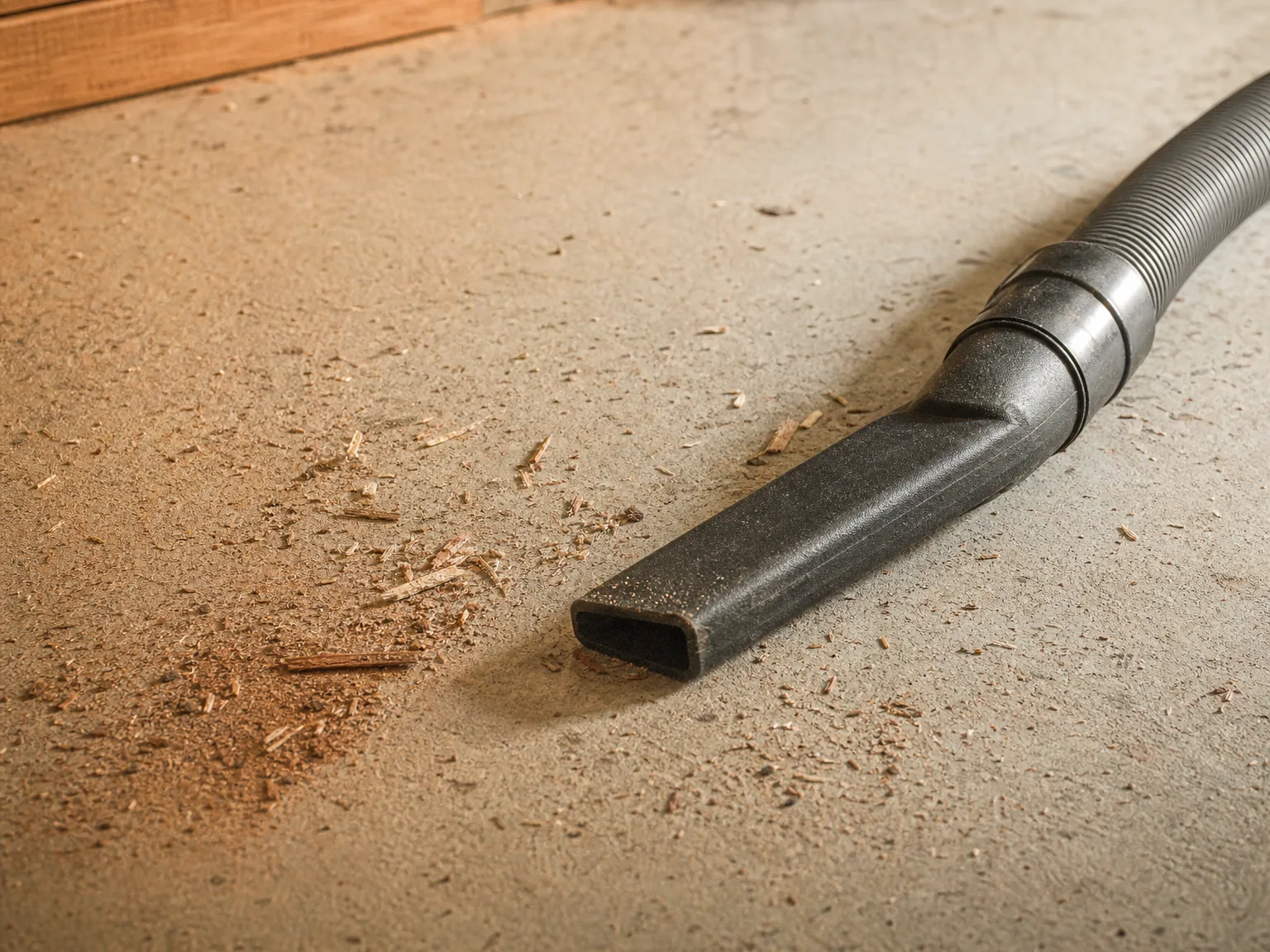 Close-up of the Vacmaster VBV1210 hose and nozzle on a garage floor