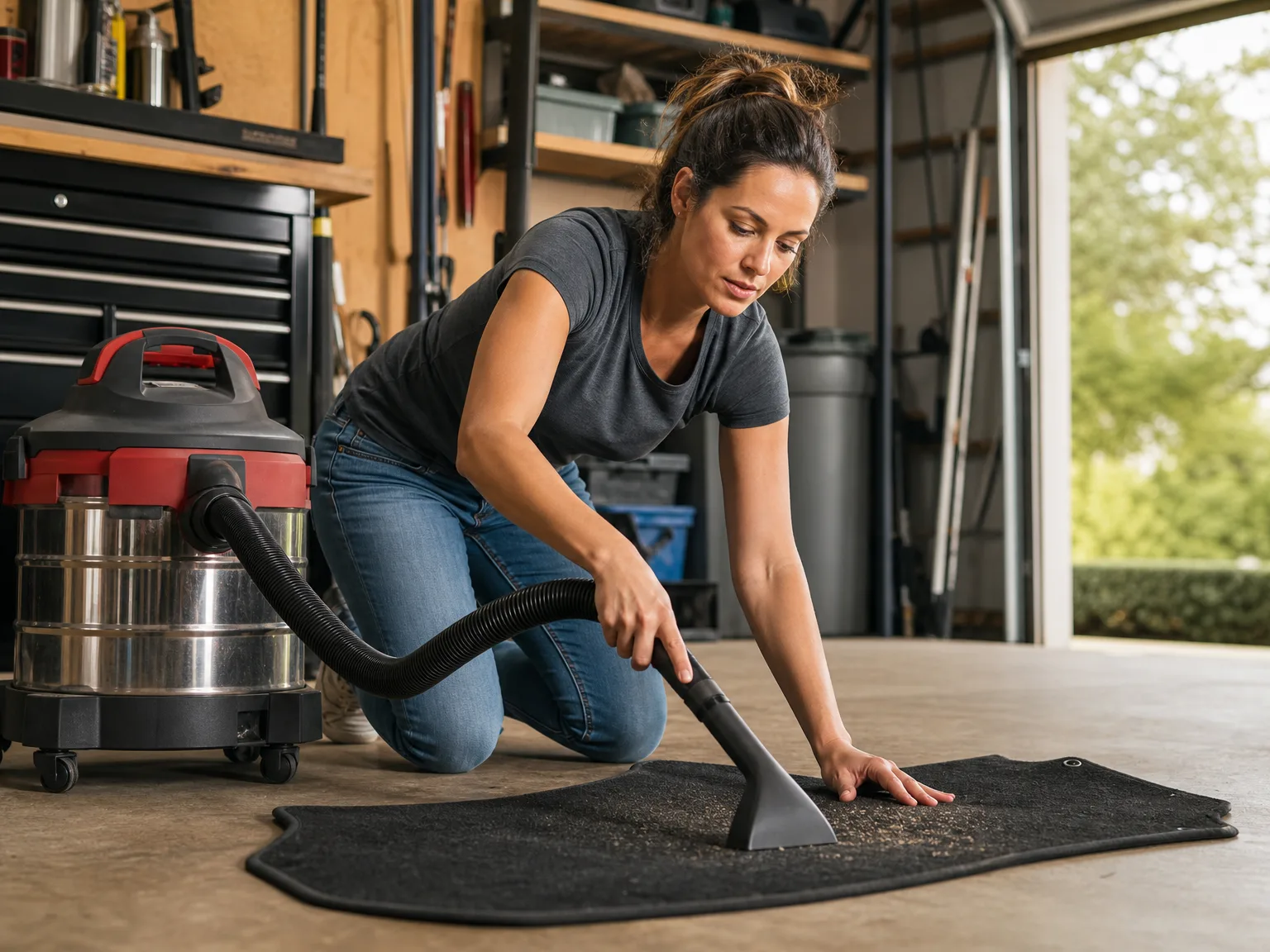 A woman vacuuming a car floor mat with the Vacmaster shop vac in a garage