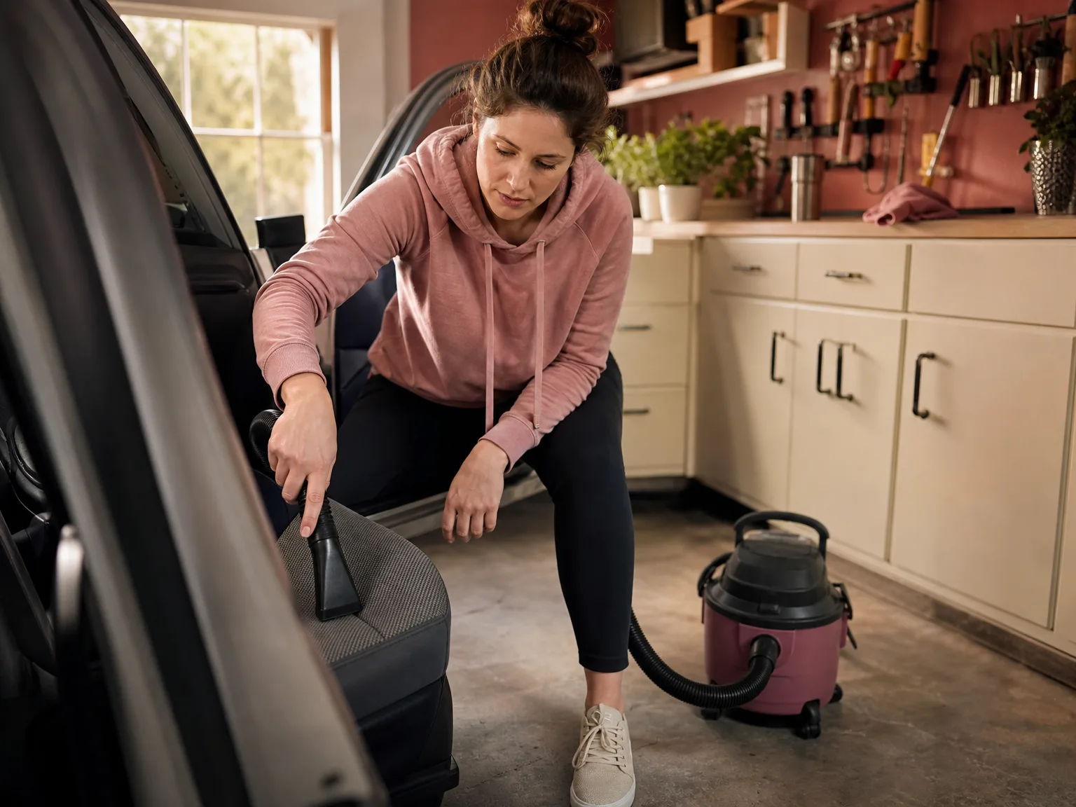 A woman in casual clothes cleaning a car interior with a portable wet/dry vac in a garage, warm natural light, lived-in weekend setting