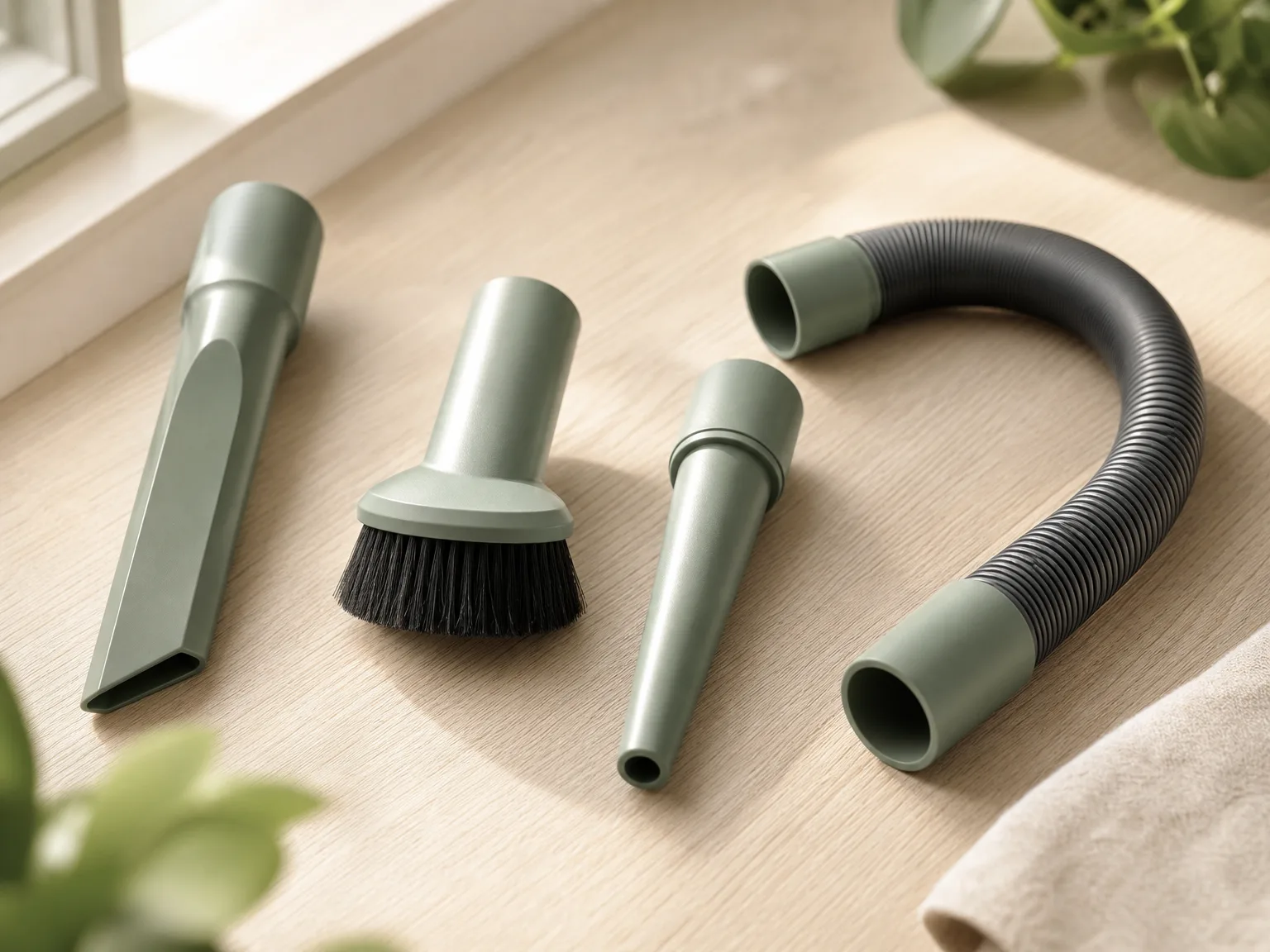 Close-up of four vacuum attachments laid out on a light wood desk: crevice tool, brush, blower nozzle, and flexible hose, warm natural window light