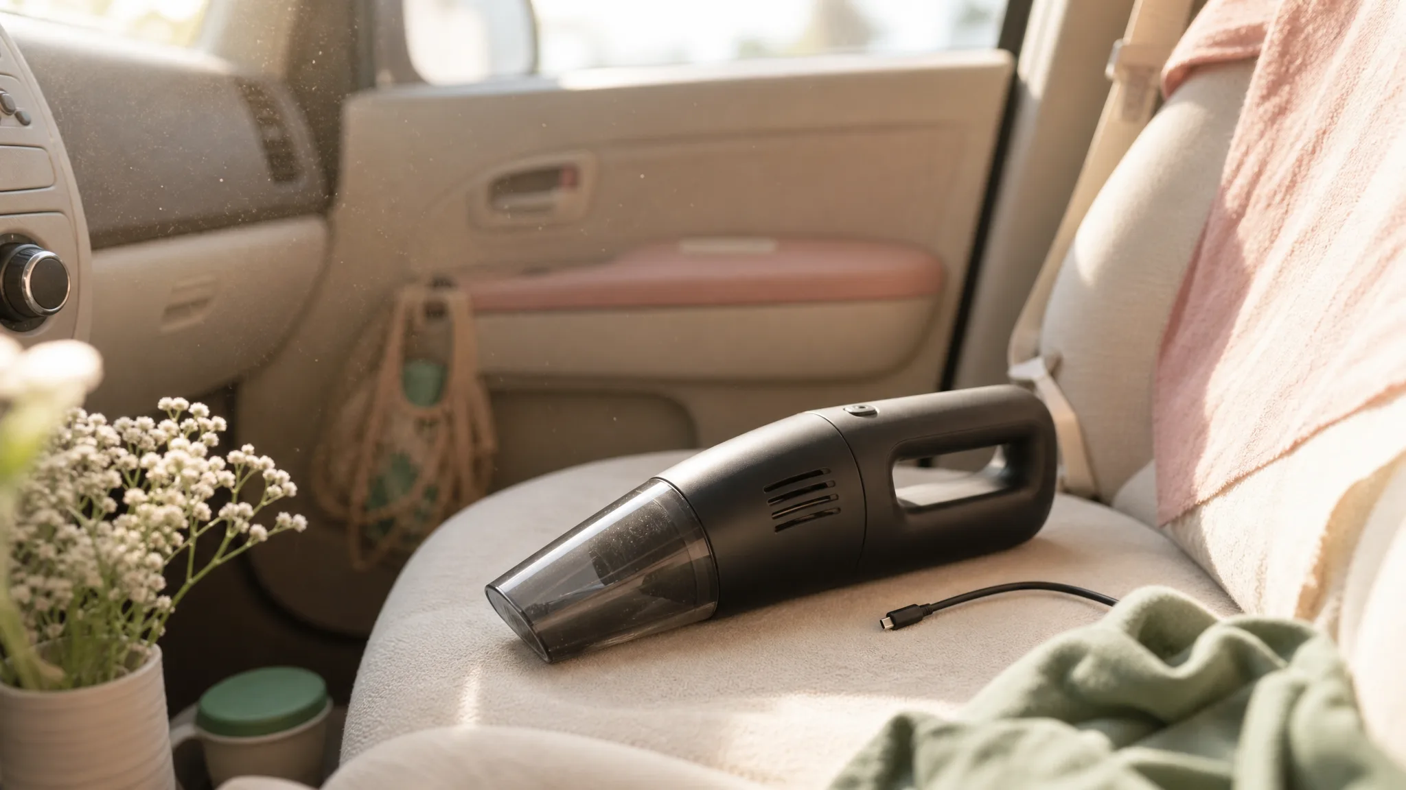 A compact black handheld vacuum sitting on a car passenger seat with morning light streaming through the windshield, USB-C cable visible nearby