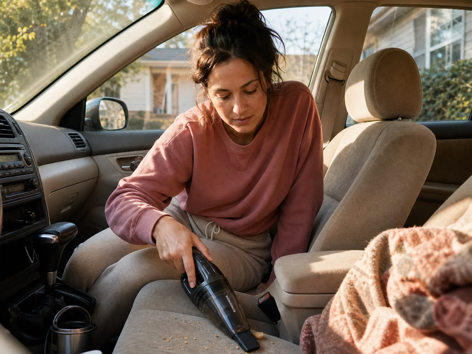 A woman in her early thirties using a small handheld vacuum to clean crumbs from a car passenger seat, morning light through the windshield, casual outfit