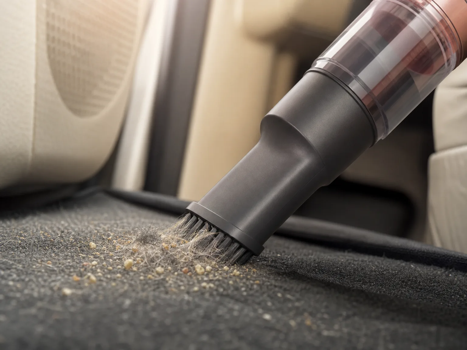 Close-up of the brushless motor nozzle lifting debris from a car floor mat