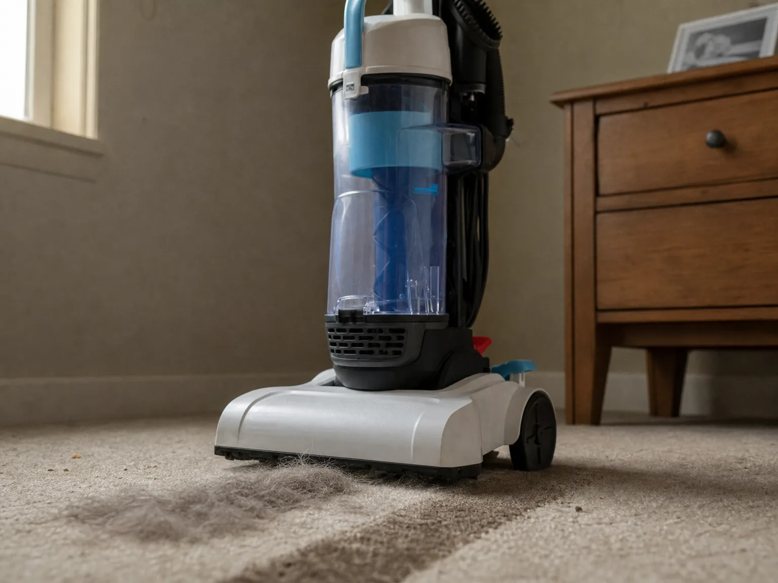 Close-up of an upright vacuum brush head lifting a clump of gray cat hair out of low-pile beige apartment carpet