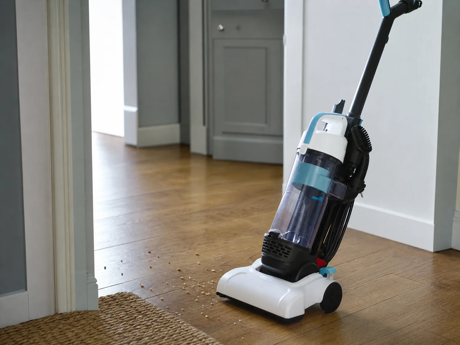 An upright vacuum tipped back on sealed oak flooring with dry cat litter granules scattered across the boards ahead of the cleaning head