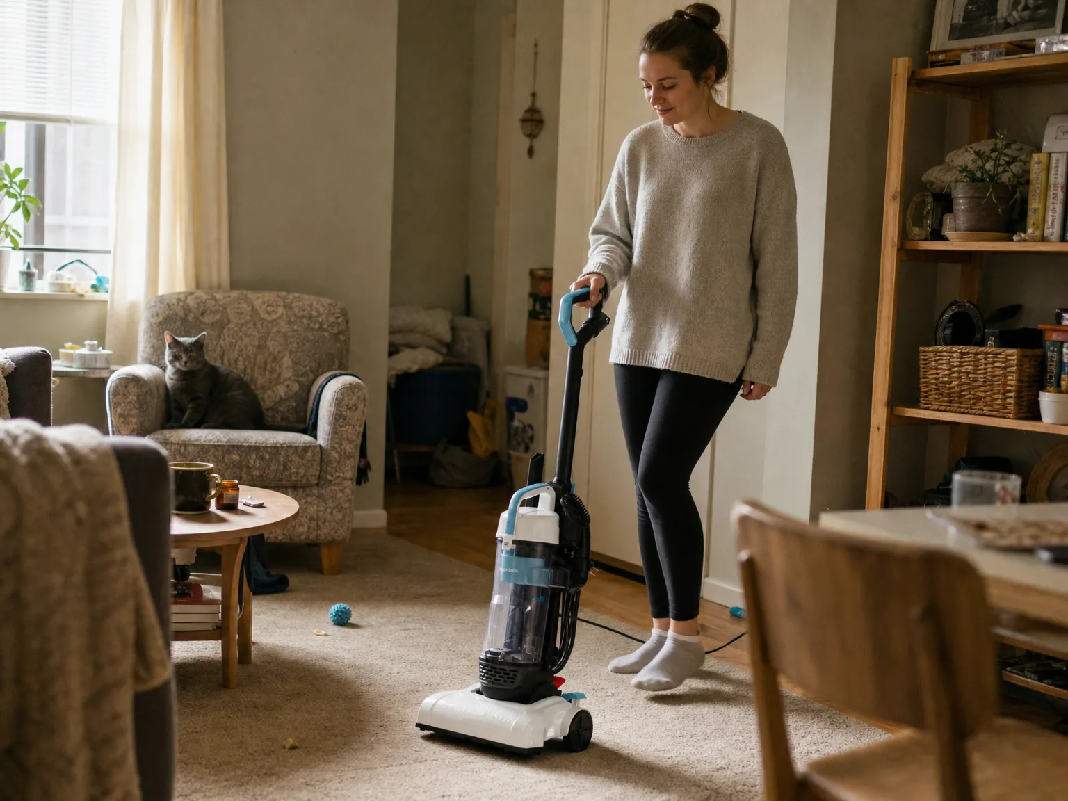 Woman in her early thirties running a lightweight upright vacuum across the living room carpet of a small sunlit apartment while a cat watches from a chair