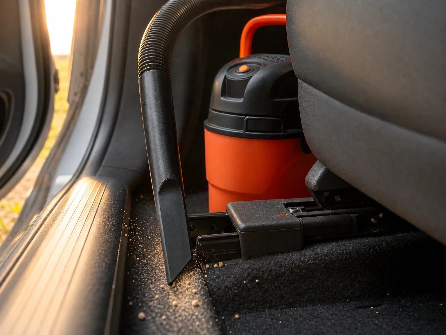 Close-up of a small orange wet dry vacuum nozzle pulling sand and crumbs out of the seam beside a car seat rail