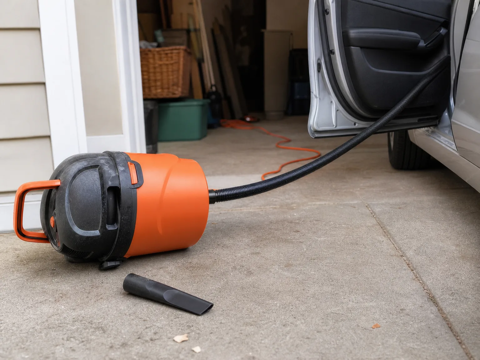 An orange portable wet dry vacuum tipped back on its side on a driveway with the rigid hose stretched toward an open car door