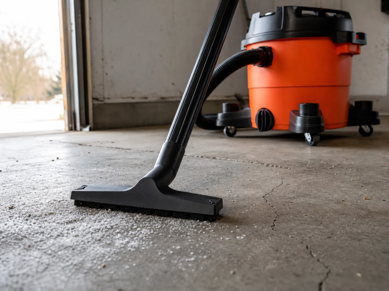 Close-up of a wet dry vacuum hose lifting road salt and grit off a concrete garage floor in morning light