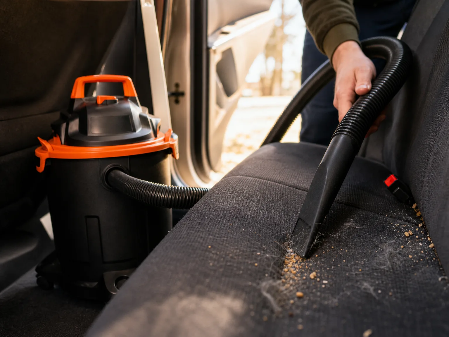 Close-up of a shop vacuum crevice nozzle pulling sand and gray pet hair out of the seam of a car back seat