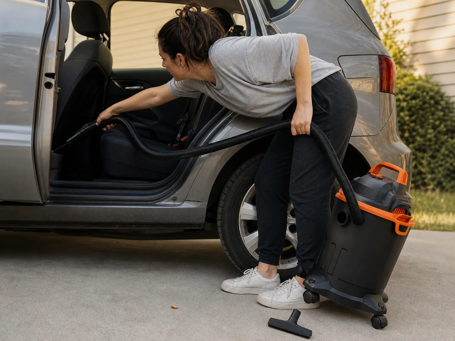 A woman pulling a stiff corrugated vacuum hose toward a car back seat while the compact shop vacuum behind her tilts up onto one edge