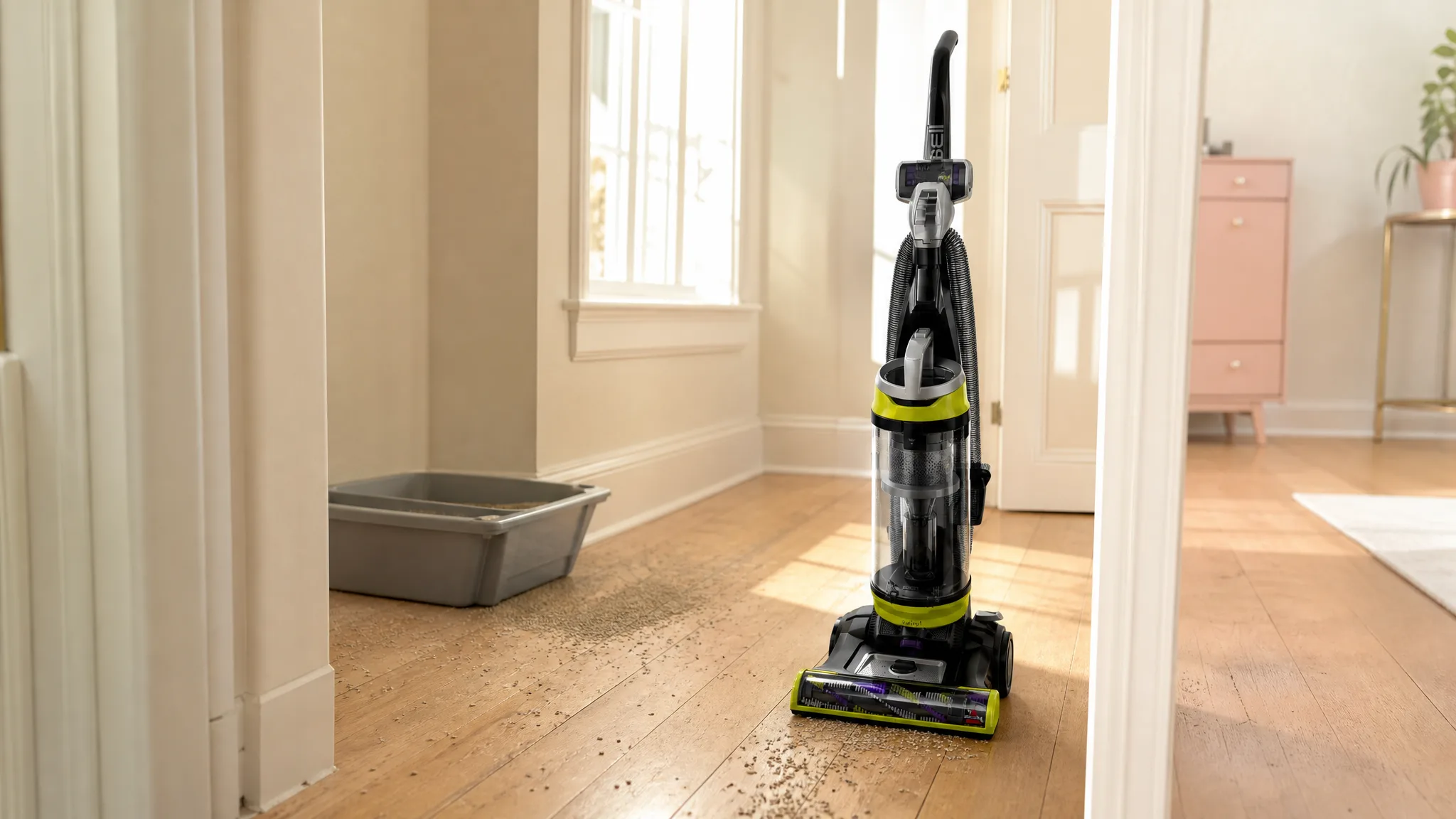 Vacuum picking up scattered cat litter near a litter box in a sunlit hardwood hallway, warm cream and soft rose tones