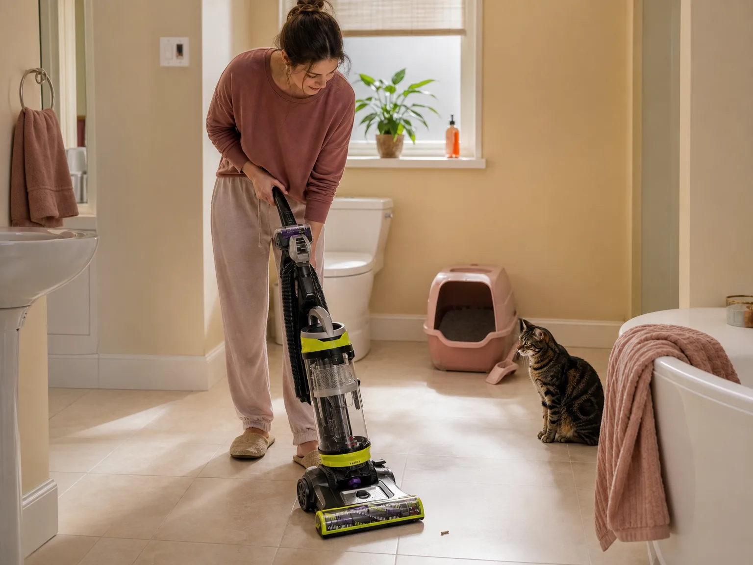 Woman vacuuming near a cat litter box in a bright hallway with warm wood floors, casual morning setting