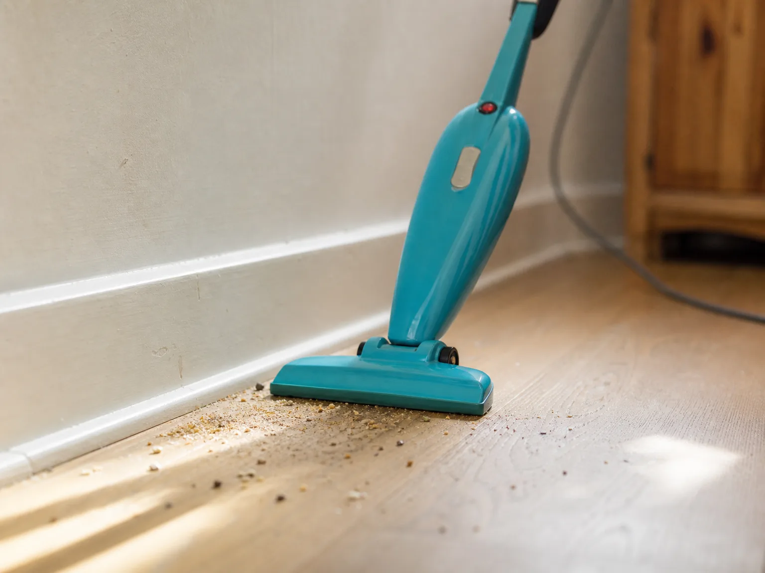 Close-up of a slim blue stick vacuum floor head lifting crumbs and fine grit from warm oak flooring beside a white baseboard
